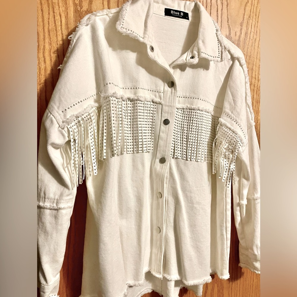 Denim Beaded-Fringed Metal Button-Up Jacket Shirt, S